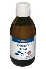 Norsan Omega-3 Total liquid fish oil with vitamin D in a 200ml bottle, promoting heart and brain health.