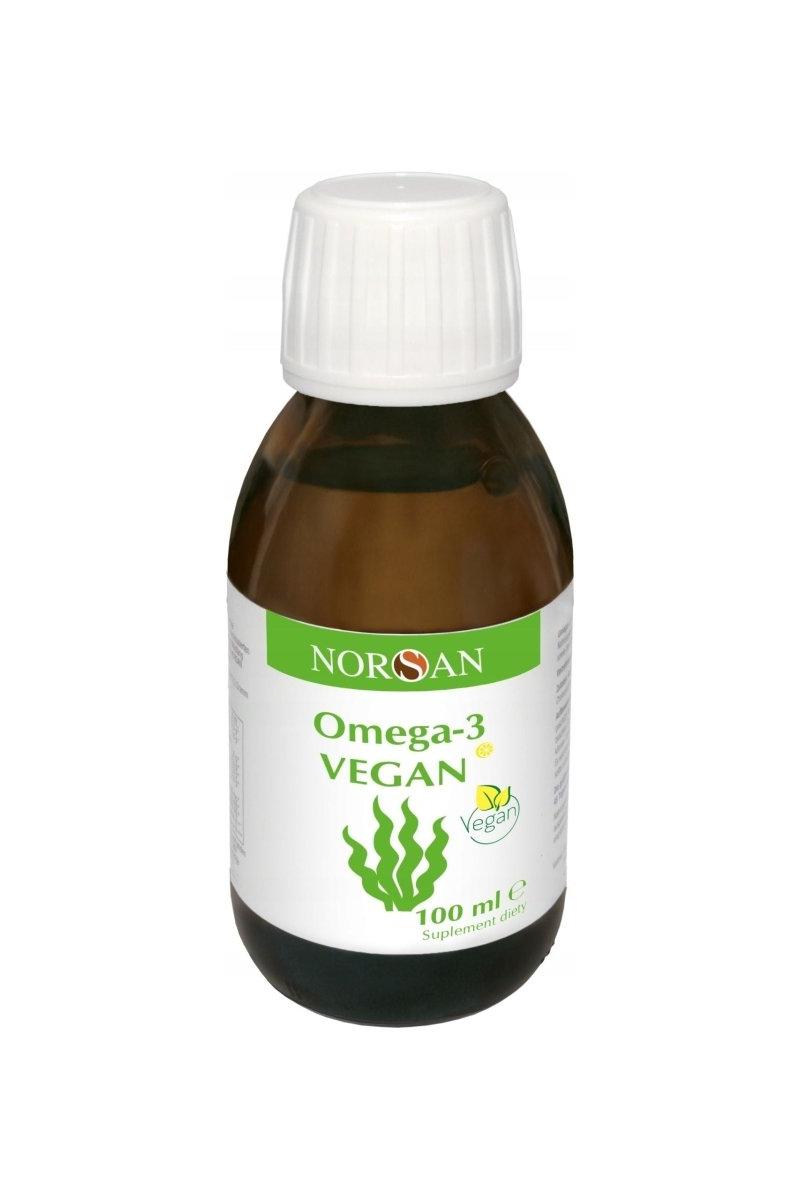 Norsan Omega-3 Vegan 100ml bottle, plant-based algolja rich in DHA and EPA, supports heart and brain health.