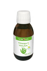Norsan Omega-3 Vegan 100ml bottle, plant-based algolja rich in DHA and EPA, supports heart and brain health.