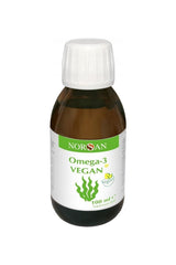 Norsan Omega-3 Vegan 100ml bottle, plant-based algolja rich in DHA and EPA, supports heart and brain health.