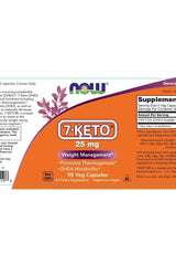 Now Foods 7-KETO 25 mg dietary supplement label featuring 90 vegan capsules for weight management.