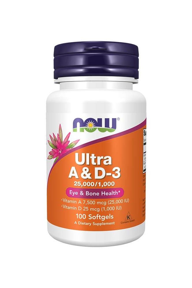 Now Foods Ultra A & D-3 supplement bottle, 25,000 IU vitamin A and 1,000 IU vitamin D, 100 softgels. Now Foods Ultra A & D-3 supplement bottle, 25,000 IU vitamin A and 1,000 IU vitamin D, 100 softgels.