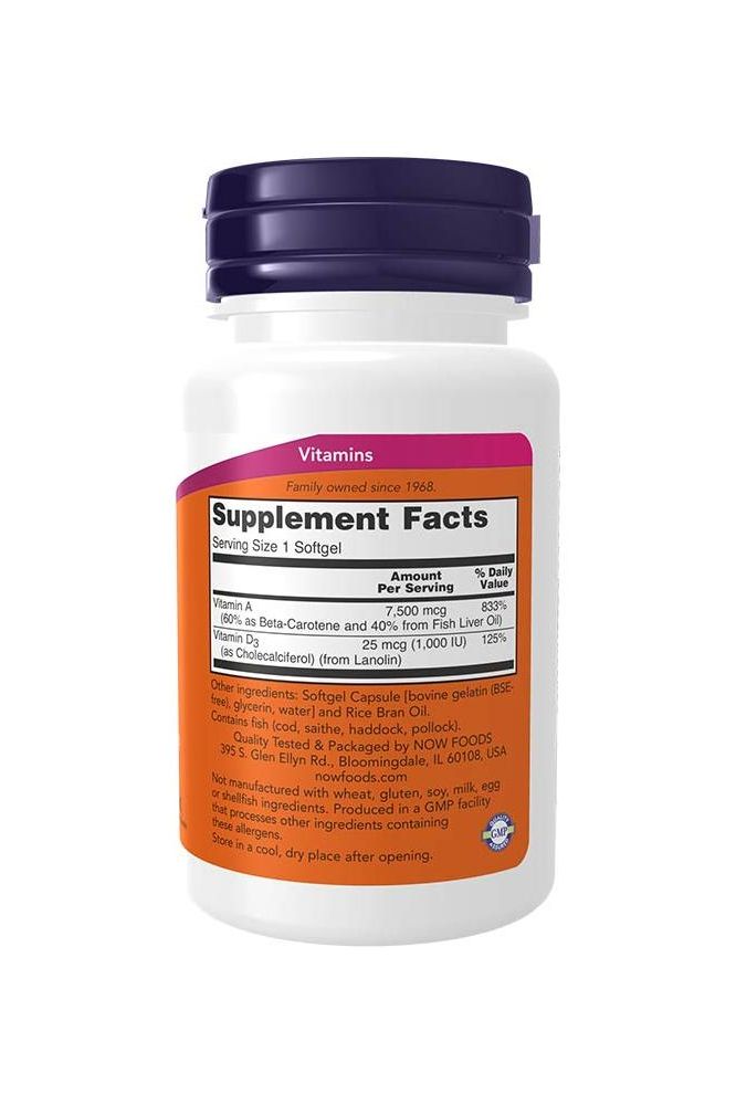 Now Foods A & D3 softgels bottle with supplement facts for vitamin A and D dosage and benefits. Now Foods A & D3 softgels bottle with supplement facts for vitamin A and D dosage and benefits.