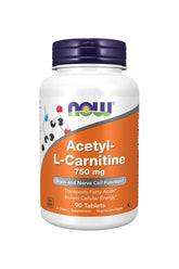 Now Foods Acetyl-L-Carnitine 750 mg supplement bottle, 90 tablets for brain and cell energy support.