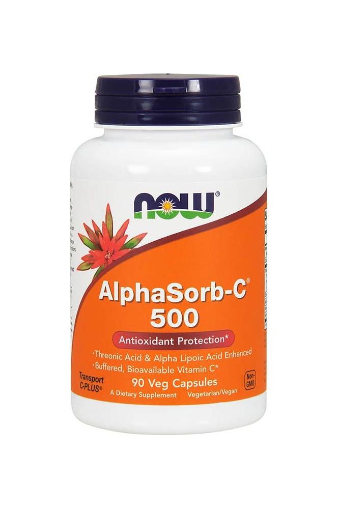 Now Foods AlphaSorb-C™ 500 supplement bottle with Threonic Acid and Alpha Lipoic Acid for antioxidant protection.
