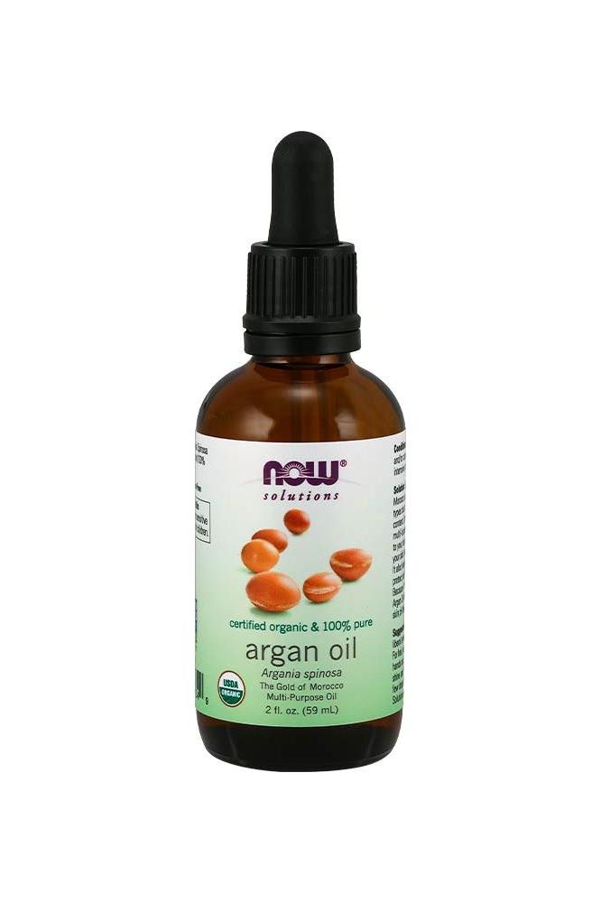 Now Foods Organic Argan Oil 59 ml in a dropper bottle, suitable for moisturizing hair, skin, and nails.