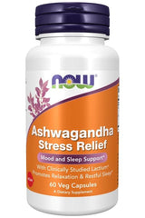 NOW Foods Ashwagandha Stress Relief 60 vcaps for relaxation and improved sleep quality.