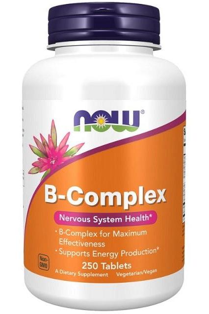 NOW Foods B-Complex supplement bottle for nervous system health, supports energy production, 250 tablets.