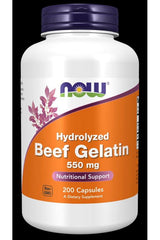 NOW Foods Hydrolyzed Beef Gelatin 550 mg, 200 capsules for nutritional support and joint health.