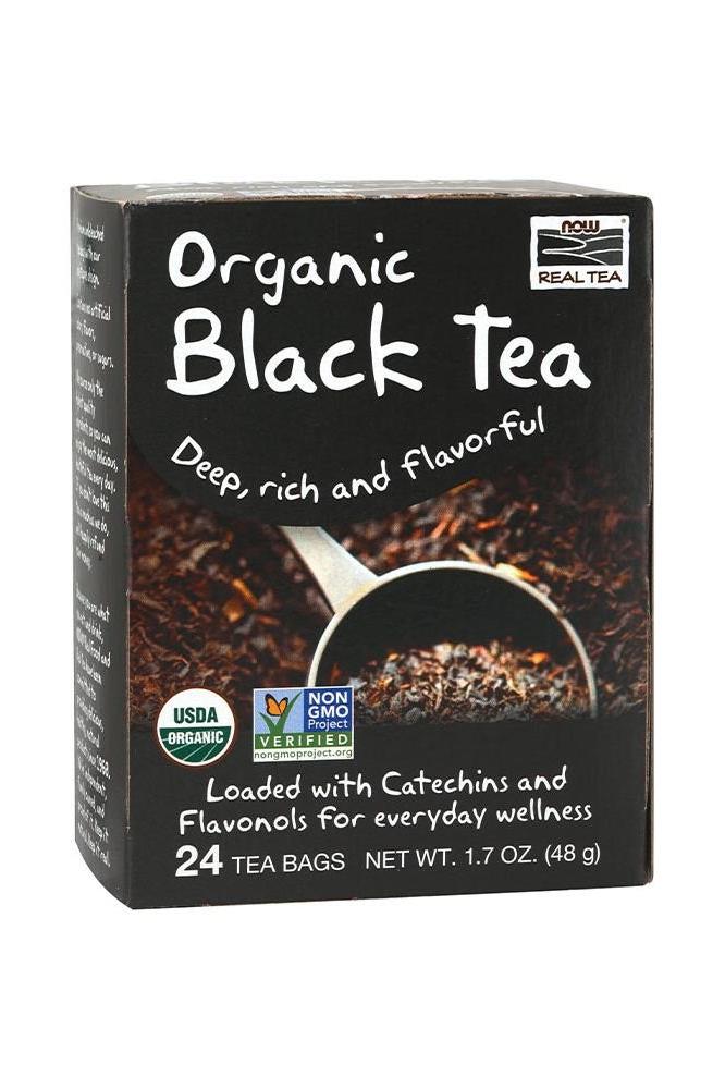 Now Foods Organic Black Tea box containing 24 tea bags, rich in catechins and flavonols for wellness.