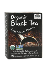 Now Foods Organic Black Tea box containing 24 tea bags, rich in catechins and flavonols for wellness.