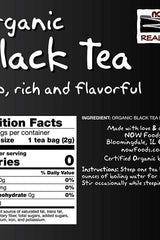 Nutrition facts and instructions for Now Foods Organic Black Tea, highlighting its rich flavor and health benefits.