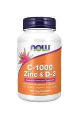 NOW C-1000 Zinc & D-3 supplement bottle with 100 veg capsules for seasonal immune support.