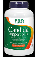 Pro Natura Candida Support Plus supplement bottle for gut health with 180 vegetarian capsules.