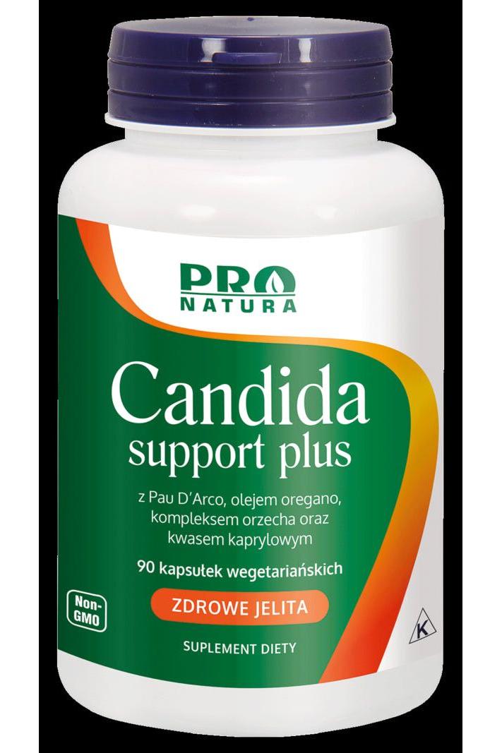 Pro Natura Candida Support Plus supplement bottle with 90 vegetarian capsules for intestinal health.