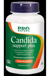 Pro Natura Candida Support Plus supplement bottle with 90 vegetarian capsules for intestinal health.