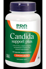 Pro Natura Candida Support Plus supplement bottle with 90 vegetarian capsules for intestinal health.