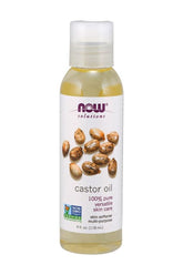 Now Foods castor oil bottle, 100% pure, versatile skin care, skin softener, multi-purpose use.