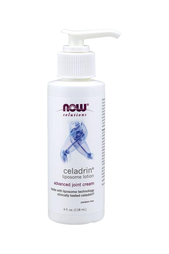 NOW Solutions Celadrin Liposome Lotion 118 ml for advanced joint care, featuring liposome technology and menthol for freshness.