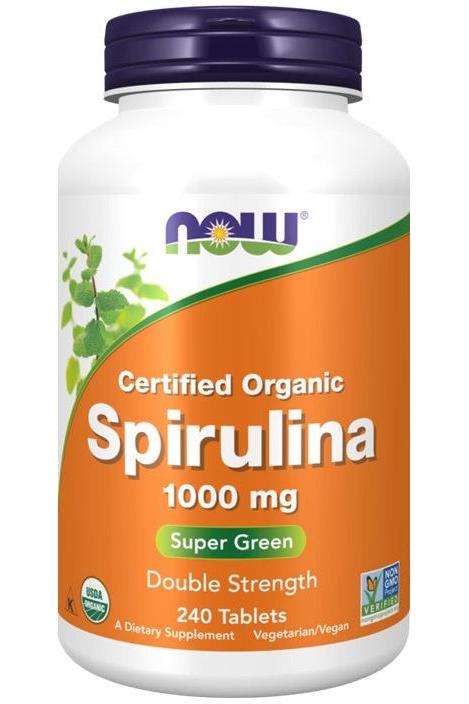 NOW Foods Certified Organic Spirulina 1000mg supplement bottle, double strength, containing 240 tablets.