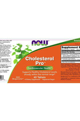Now Foods Cholesterol Pro dietary supplement label, supports healthy cholesterol levels and cardiovascular health.