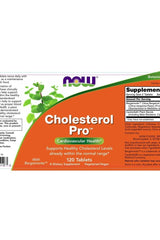 Now Foods Cholesterol Pro supplement label, supports healthy cholesterol levels with Bergamonte, 120 tablets.
