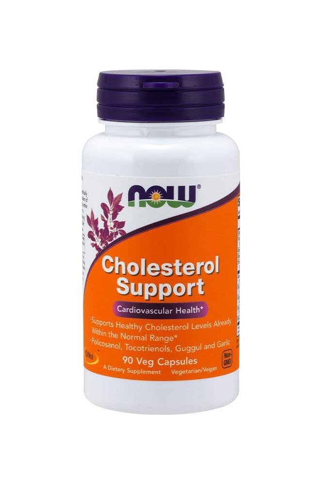 Now Foods Cholesterol Support bottle, 90 vegan capsules for healthy cholesterol levels and cardiovascular health.