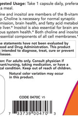 Now Foods Choline & Inositol supplement label providing dosage instructions and health benefits.