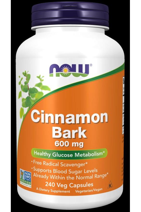 NOW Foods Cinnamon Bark 600 Mg supplement bottle, supports healthy glucose metabolism, 240 veg capsules.
