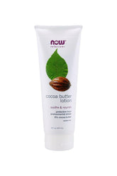 NOW Cocoa Butter Lotion tube, 236 ml, with 6% cocoa butter for skin protection and nourishment against environmental stress.