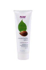 NOW Cocoa Butter Lotion tube, 236 ml, with 6% cocoa butter for skin protection and nourishment against environmental stress.