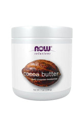 NOW Solutions Cocoa Butter moisturizer jar for hydrating and soothing sensitive skin, 198g.