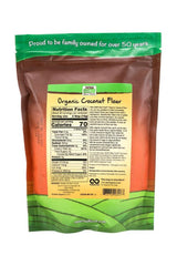 Now Foods organic coconut flour package with nutrition facts. Healthy, gluten-free baking alternative.