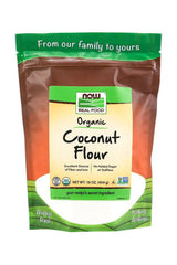 Now Foods Organic Coconut Flour package 454 g, gluten-free, high in fiber and iron, no added sugar or sulfites.