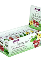 Now Foods assorted lip balms box featuring vanilla, peppermint, and pomegranate flavors with moisturizing ingredients.