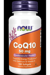 NOW Foods CoQ10 50 mg supplement bottle, supports energy production and cardiovascular health, 100 softgels.
