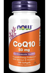 NOW Foods CoQ10 50 mg supplement bottle, supports energy production and cardiovascular health, 100 softgels.