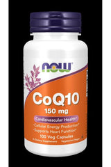 NOW Foods CoQ10 150 mg supplement bottle for cardiovascular health and energy production, 100 vegetarian capsules.