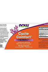 Now Foods Cycle Comfort™ 48 Veg Capsules label promoting menstrual comfort and alleviating minor pain and cramping.