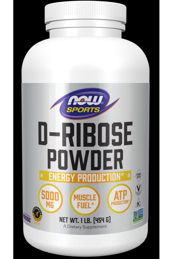 NOW Foods D-Ribose powder supplement for energy production, 454 g container with 5000 mg per serving.
