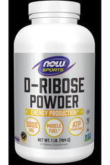 NOW Foods D-Ribose powder supplement for energy production, 454 g container with 5000 mg per serving.