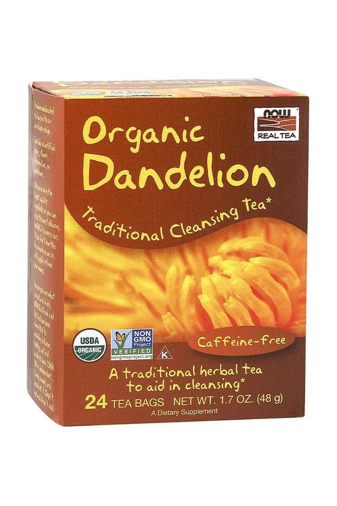 Now Foods Organic Dandelion Tea, 24 caffeine-free tea bags for natural cleansing and detox benefits.