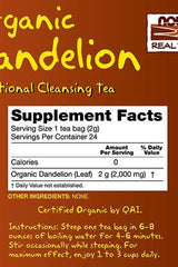 Organic Dandelion Tea supplement facts, showing serving size, calories, and instructions for brewing.