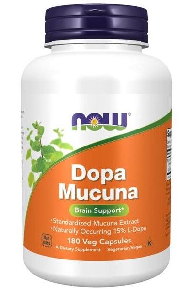NOW Foods DOPA Mucuna supplement bottle with brain support benefits and natural L-Dopa content.
