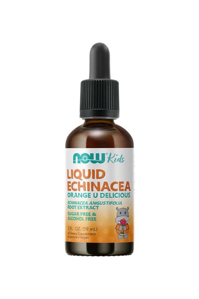 Now Foods Kid's Liquid Echinacea, alcohol-free herbal supplement in a 59 ml bottle with orange-vanilla flavor.
