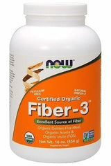 Now Foods Fiber-3 supplement bottle, excellent source of fiber, 454 g, organic ingredients for digestive health.
