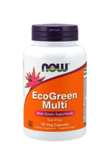Now Foods Eco-Green Multi Vitamin bottle with 90 veg capsules, iron-free dietary supplement for adults.