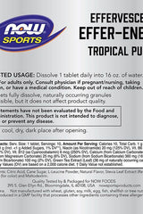 Now Foods Effer-Energy effervescent tablets label, Tropical Punch flavor, electrolytes for energy and recovery.