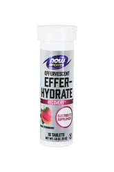 Now Foods Effer-Hydrate effervescent electrolyte supplement for hydration and recovery, featuring strawberry flavor.