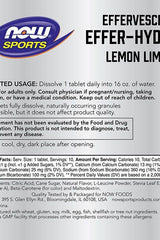 Now Foods Effer-Hydrate Effervescent Lemon Lime product label with usage instructions and nutritional information.